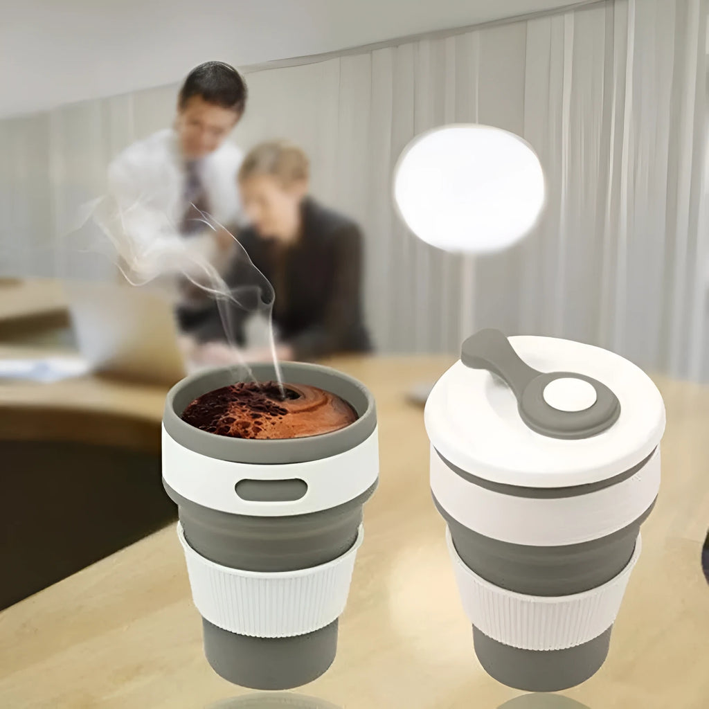 Collapsible silicone travel mug showing folded and expanded states with leak-proof cover