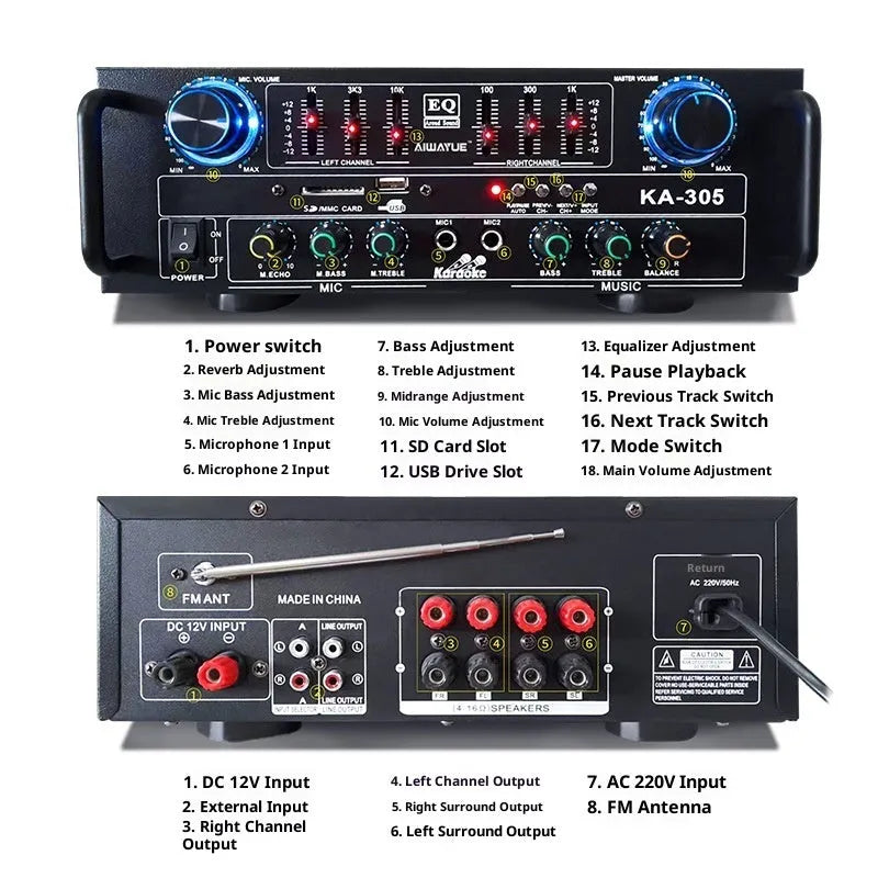 KA-305 black household power amplifier, 60W 4.1 channel, Bluetooth EQ, L300xW260xH95mm