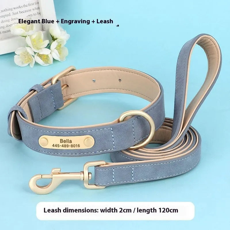 Blue double-layer leather dog collar and matching lead for medium-sized dogs.