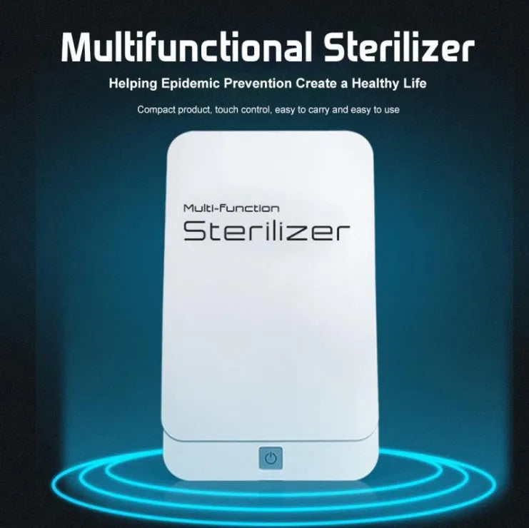 Portable UV phone steriliser box with purple LED light indicator showing disinfection cycle