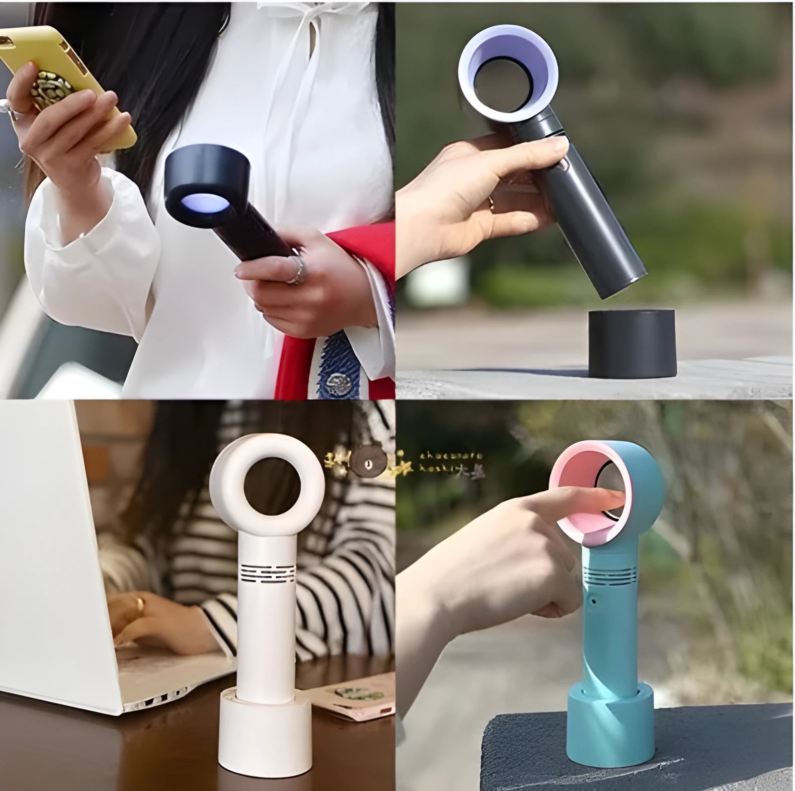 Compact portable bladeless fan on its base, shown in blue, with a USB cable for charging.