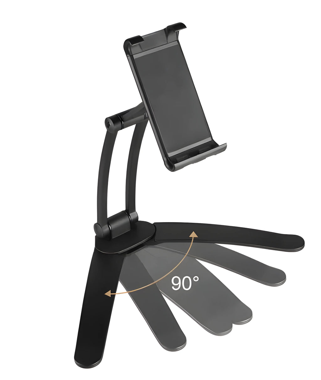 Silver and white aluminium alloy desktop tablet stand holding a tablet at an adjustable angle.