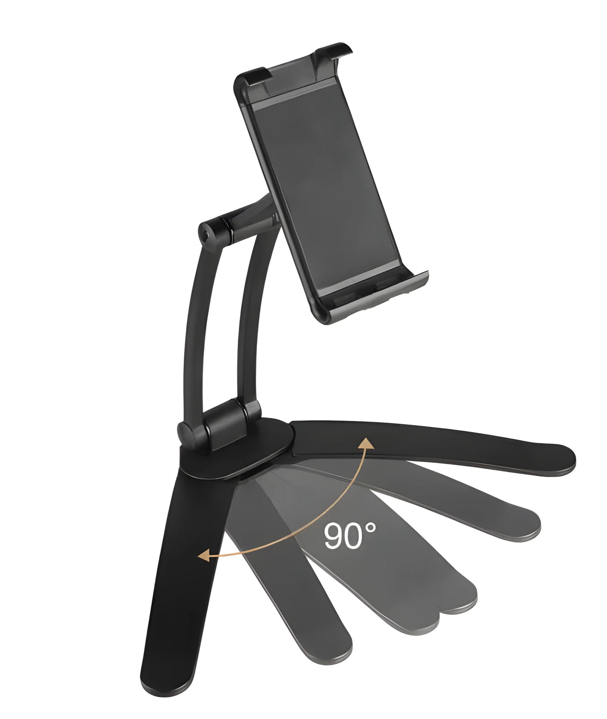 Silver and white aluminium alloy desktop tablet stand holding a tablet at an adjustable angle.
