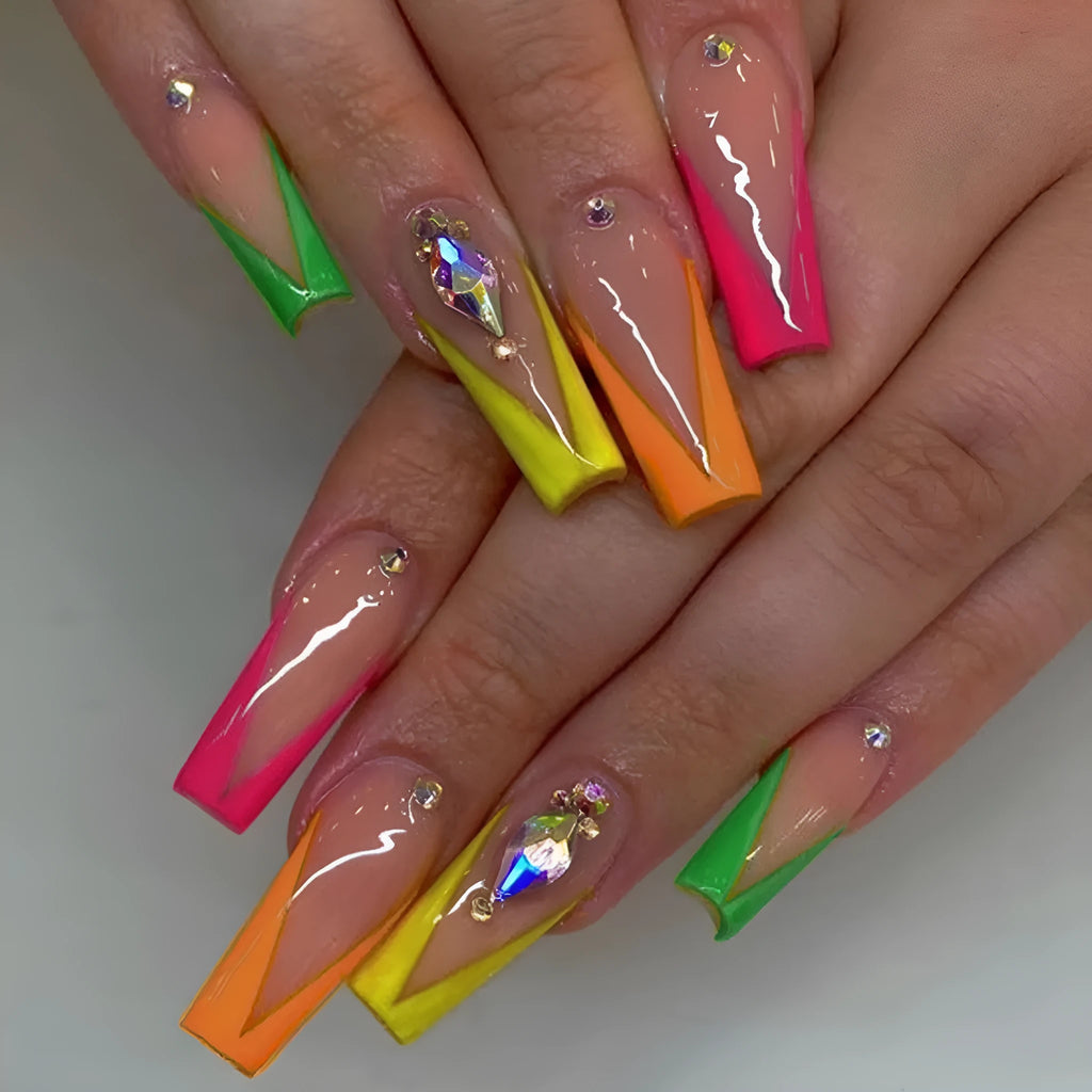Detachable nail tip set in BKS3037 diamond colour French with cartoon, love, and cross heart patterns, shown with jelly glue and filing strip.