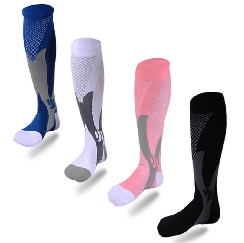 A pair of graduated compression socks for men and women in an athletic style, shown in a colour option like black or blue.