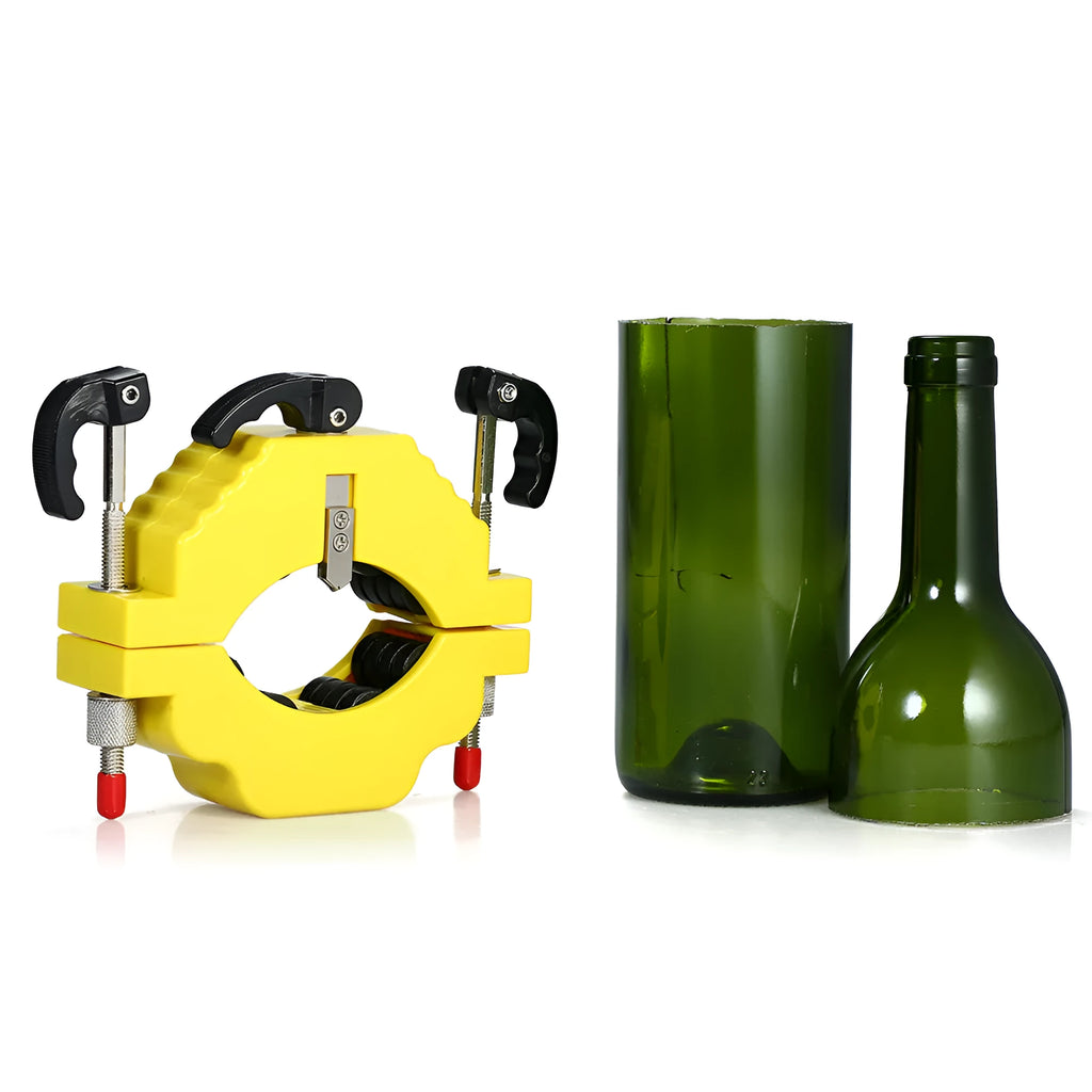 Yellow adjustable bottle cutting tool for glass bottles on a wooden table.