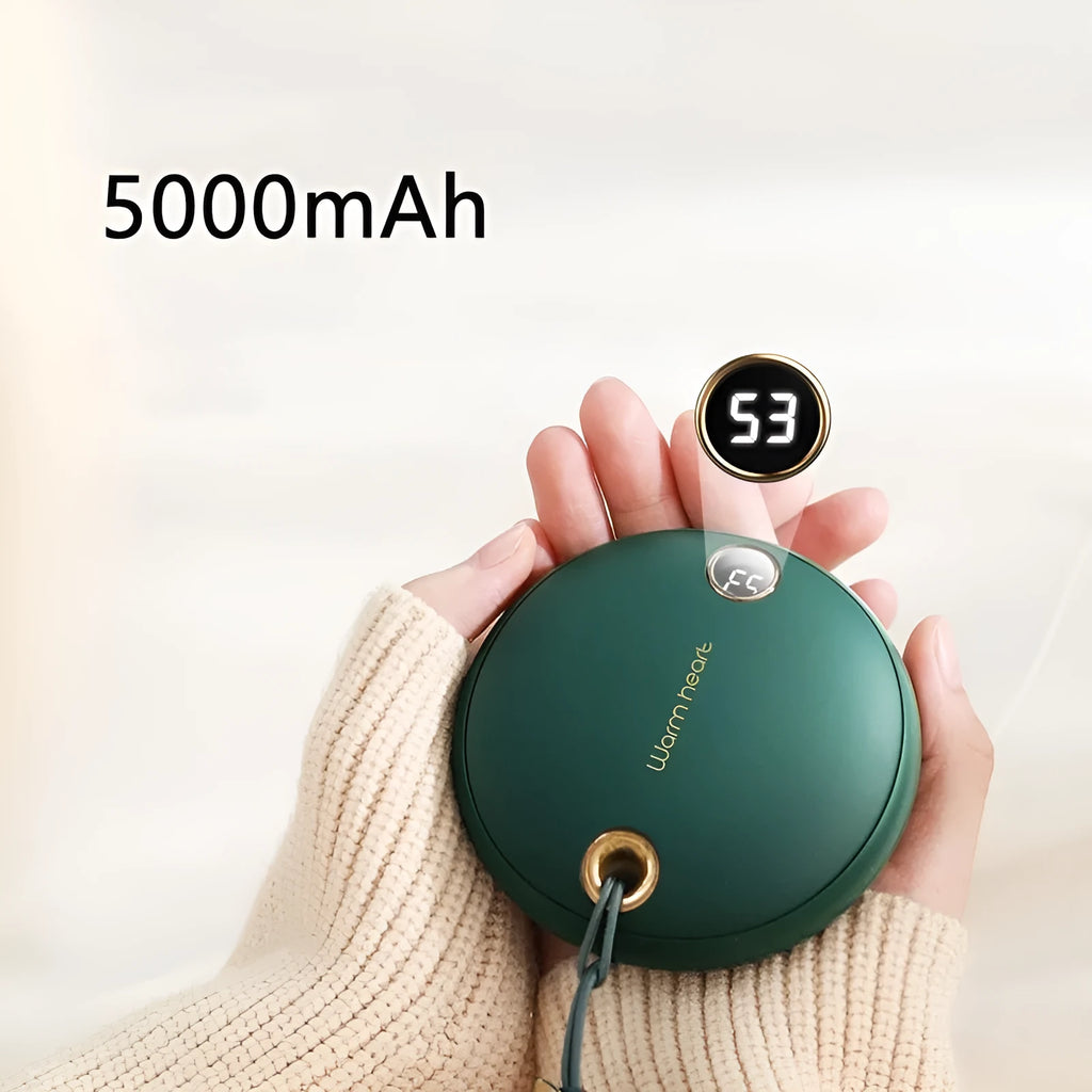 Green hand warmer power bank showing digital display with 5000mAh capacity