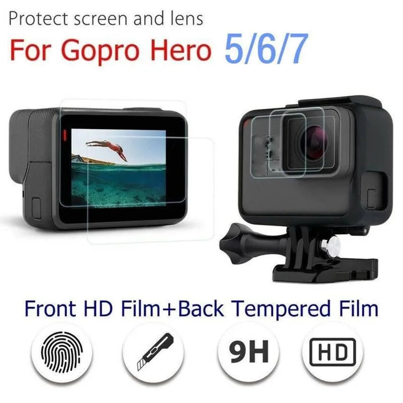 GoPro Hero camera with transparent 9H tempered glass screen protector and lens protector film kit.