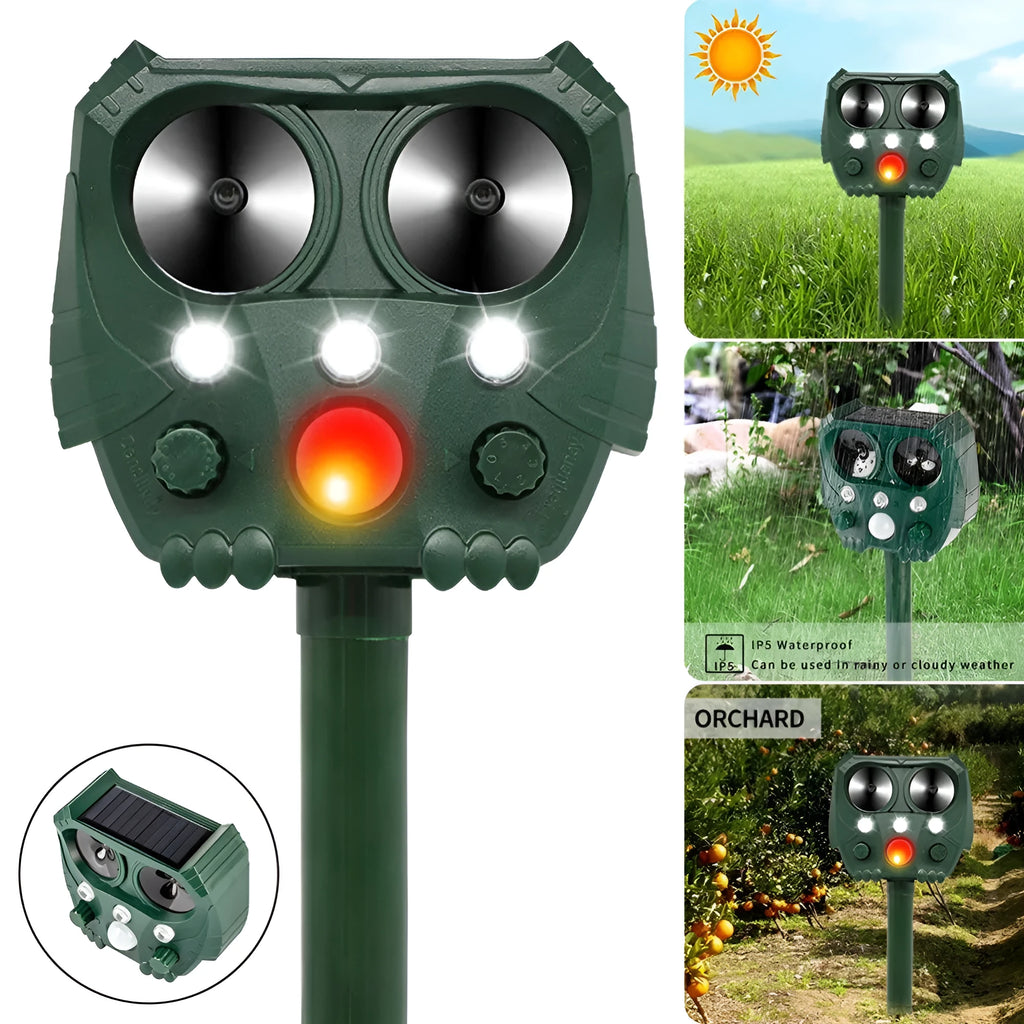 Green solar-powered ultrasonic animal repeller unit for outdoor pest control
