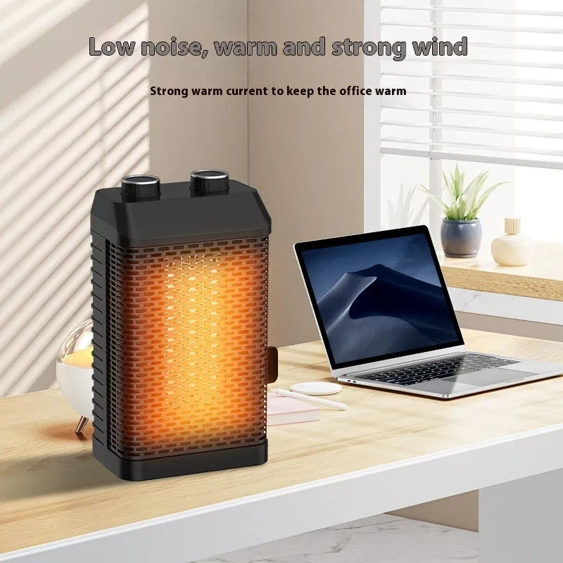 Black remote control desktop electric heater on a desk