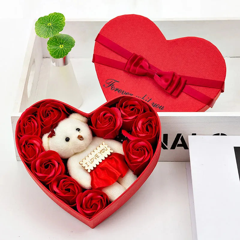 Handmade soap flower rose bouquet in a gift box, available in pink or red