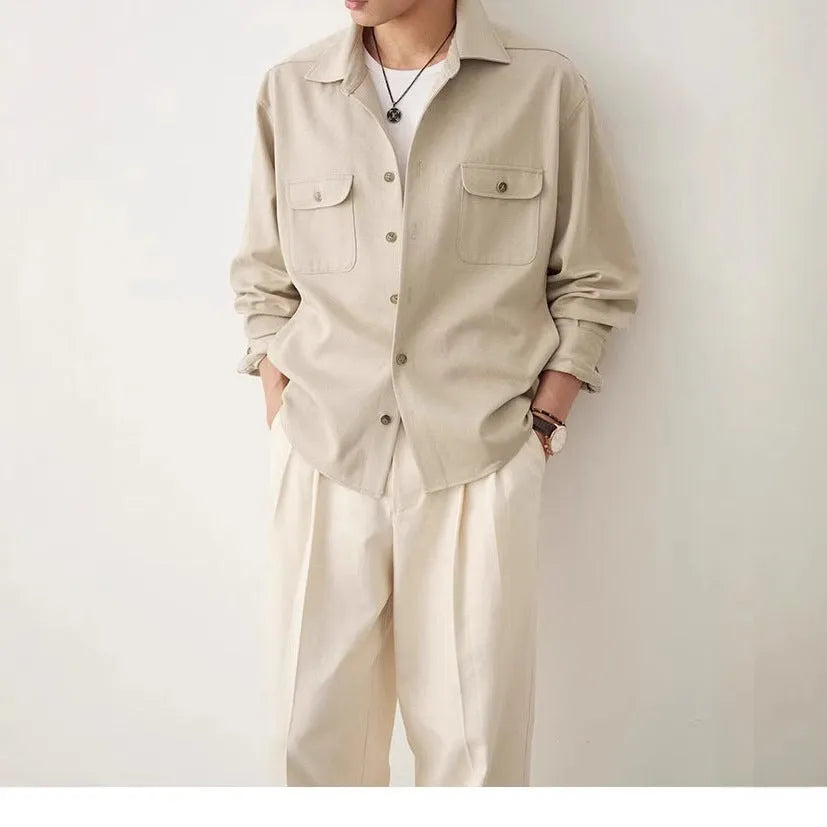 Men's long sleeve formal shirt with a cotton lapel, shown in light sand rice colour.