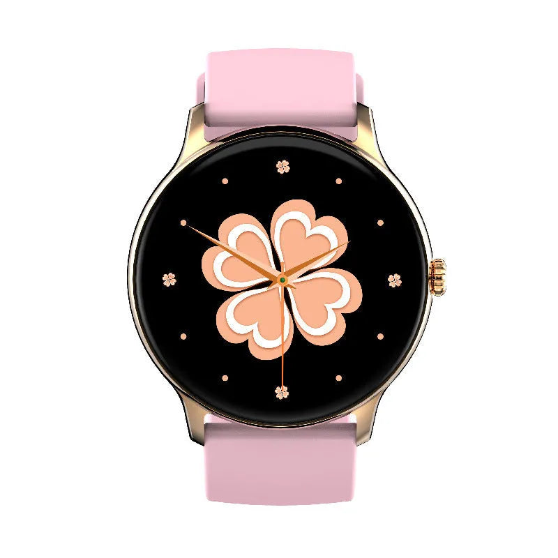 Black smart sports watch with 1.28 inch screen and silicone band showing health monitoring interface