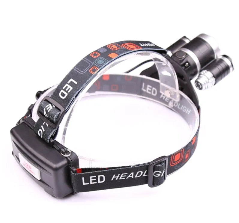 Gold and silver aluminium alloy LED head torch showing adjustable focus ring and angled head on a headband.