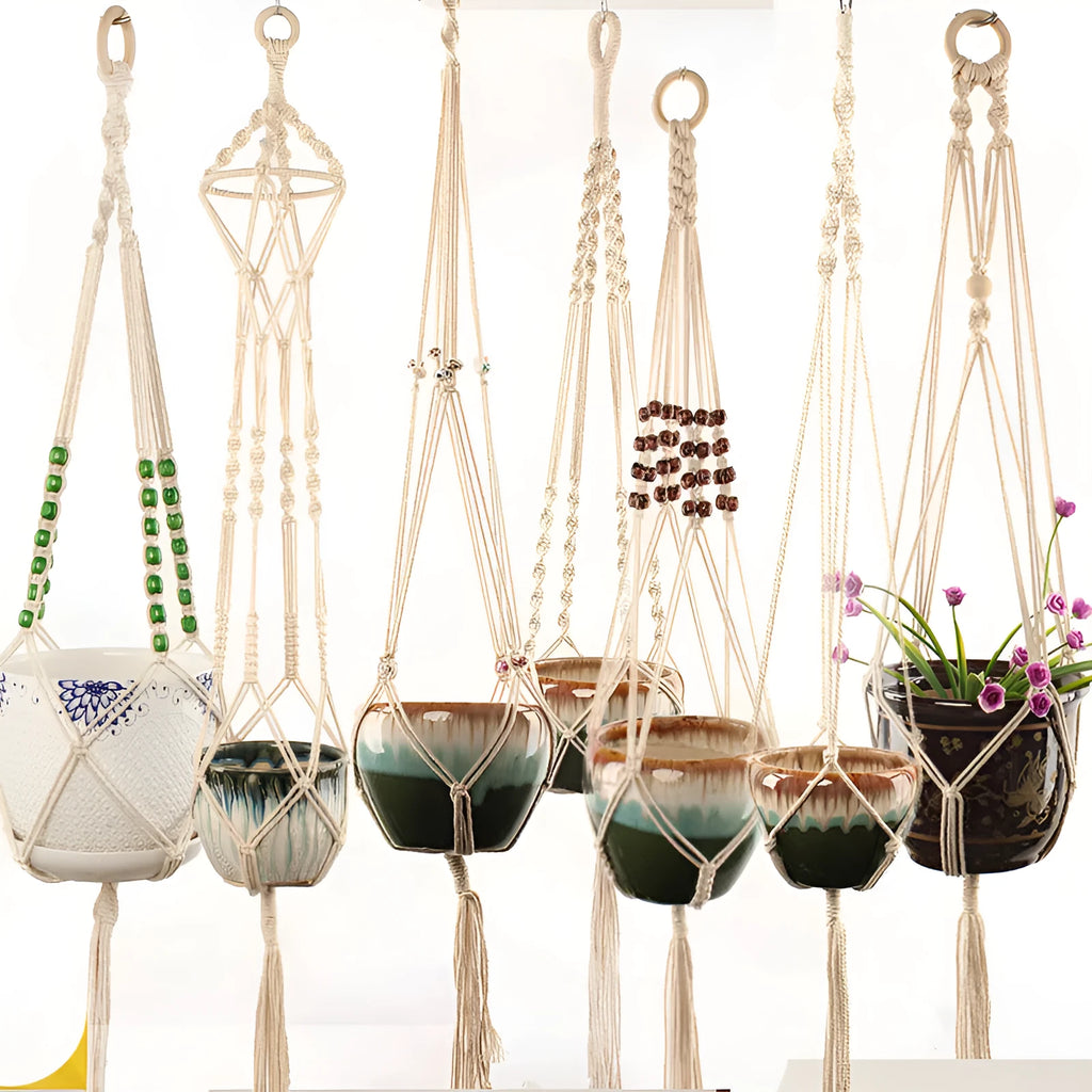 Cotton rope woven wire basket planter shown in desktop, wall hanging, and hanging configurations