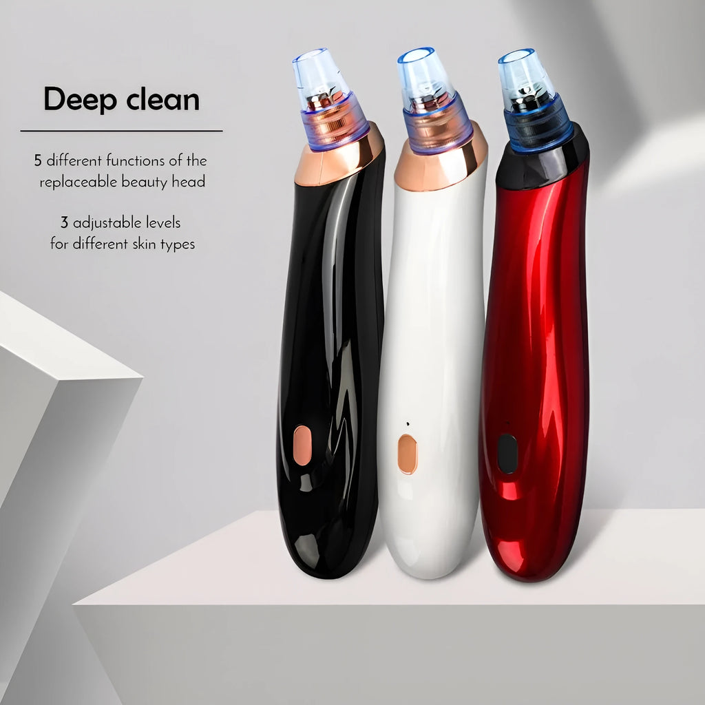 Black electric blackhead remover device with vacuum suction function and different coloured nozzles.