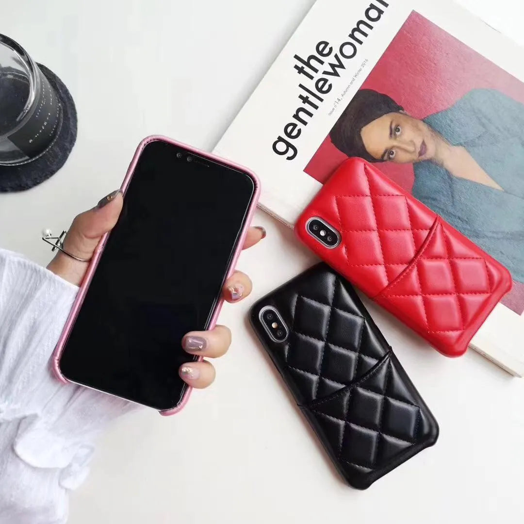 Leather iPhone case shown in black, pink, and red, compatible with XS Max, XR, X, 8, 7, and 6 models.