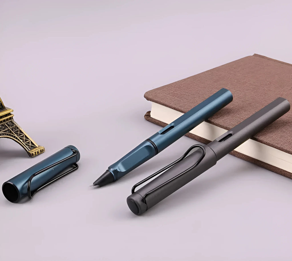 Black and blue fountain pens with frosted ink bag system showing 0.38mm and 0.5mm nib options