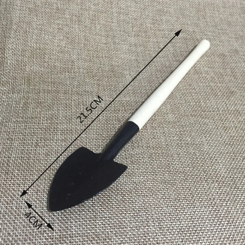 Succulent gardening tool set showing mini shovel, drip kettle, tweezers, and brush for indoor plants.