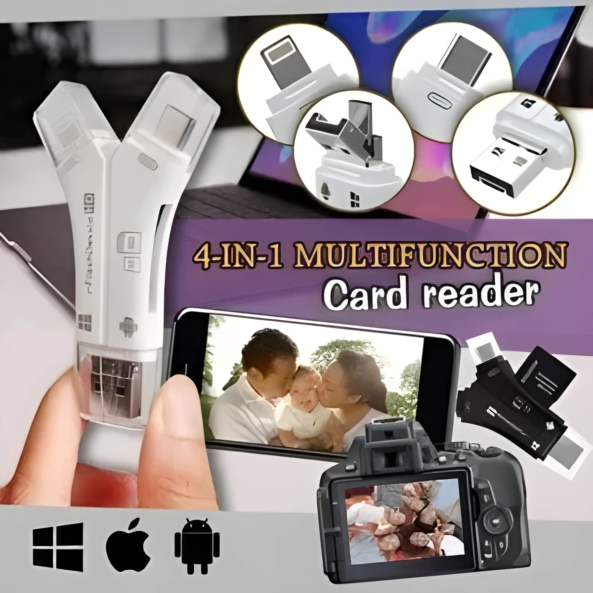 White 4-in-1 card reader with Lightning, USB, Micro USB and Type-C connectors for iPhone and Android phones