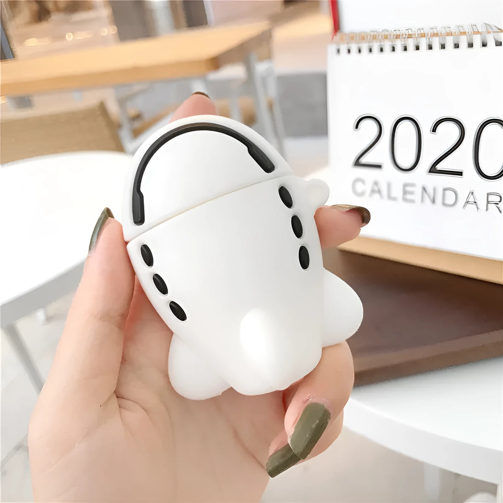 Cartoon aeroplane headset design silicone flip case for Apple AirPods 1 and 2 with attachment hook.