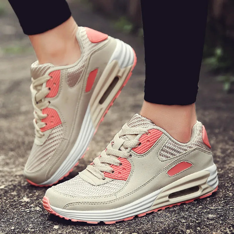 Women's low heel casual shoes in beige orange, grey, and pink purple colours on a sizing chart.