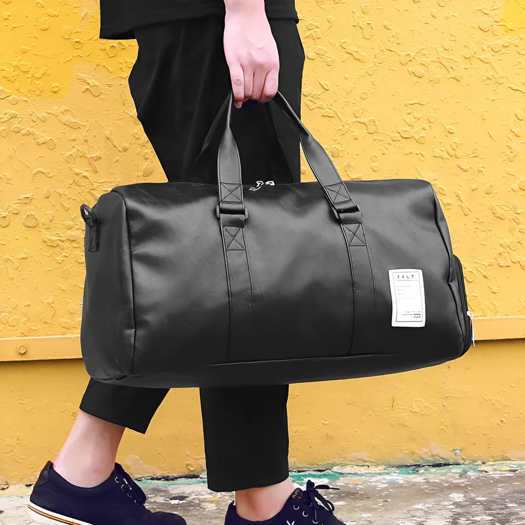 Black unisex waterproof sports gym bag with a separate shoe compartment shown in two size options.