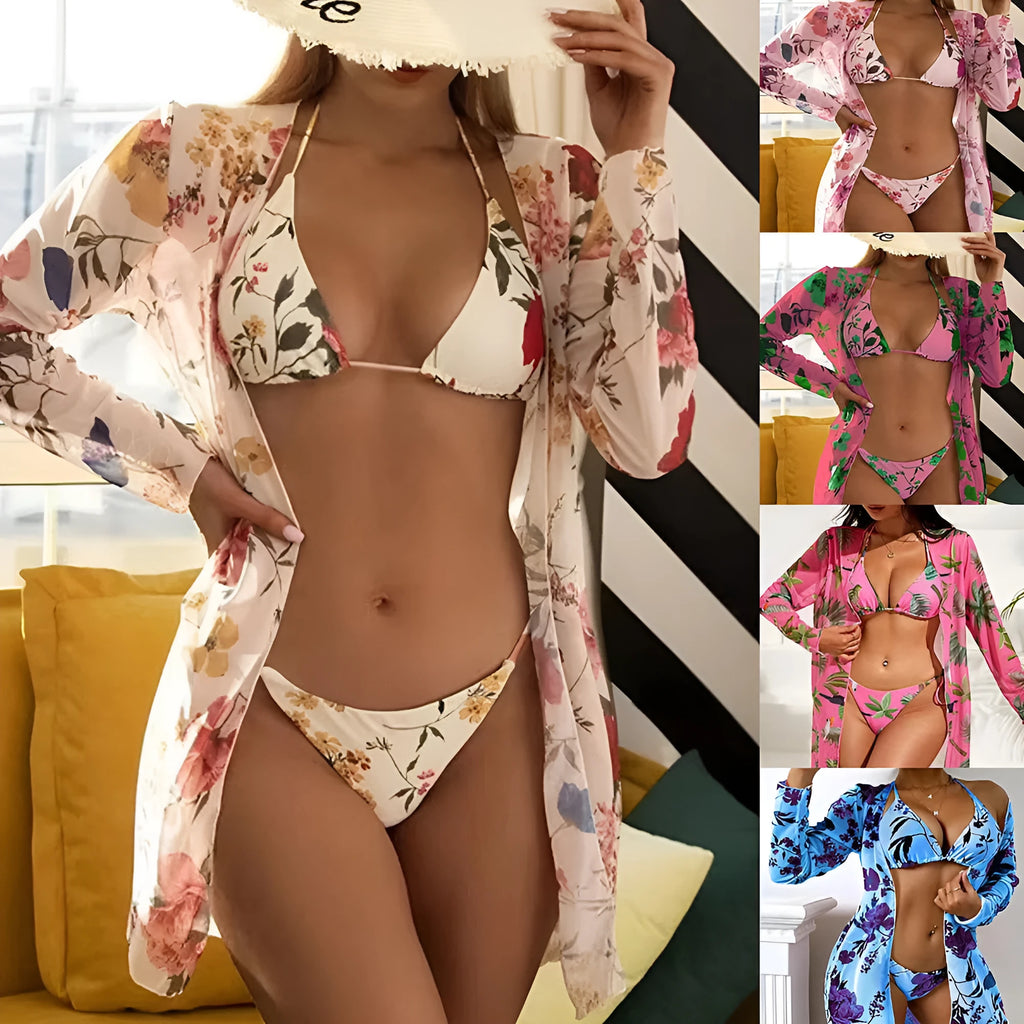 Women's three-piece swimsuit set with floral printed mesh blouse, bra and trunks in multiple colour options