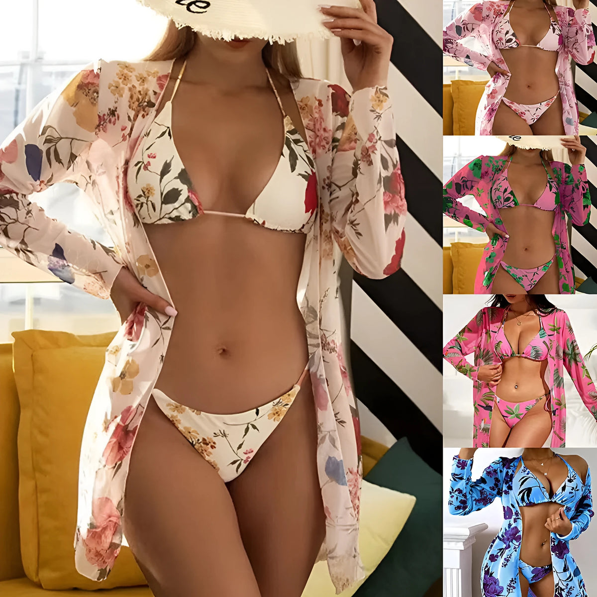 Women's three-piece swimsuit set with floral printed mesh blouse, bra and trunks in multiple colour options