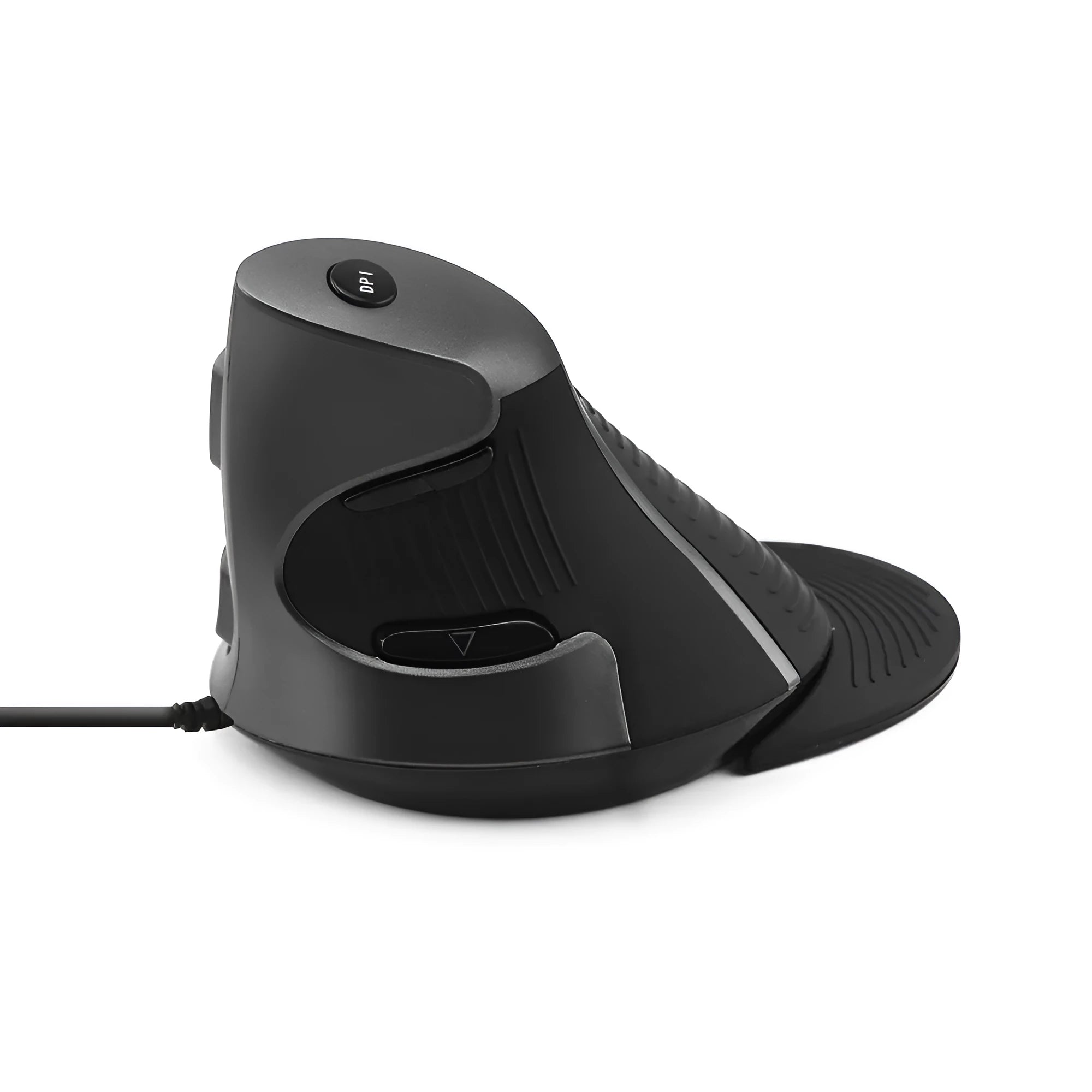 Ergonomic vertical optical mouse in black and white colours with wired USB connection