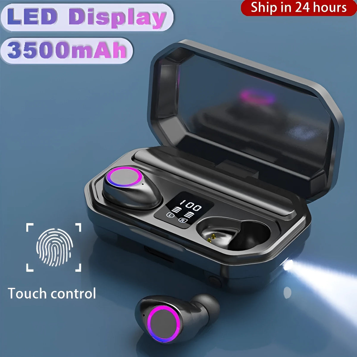 Wireless Bluetooth earbuds with LED display charging case in black or white colours