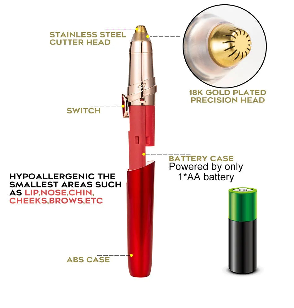 Multifunction eyebrow trimmer in white, black, or red, compact 10.5cm box size, standard or rechargeable version.