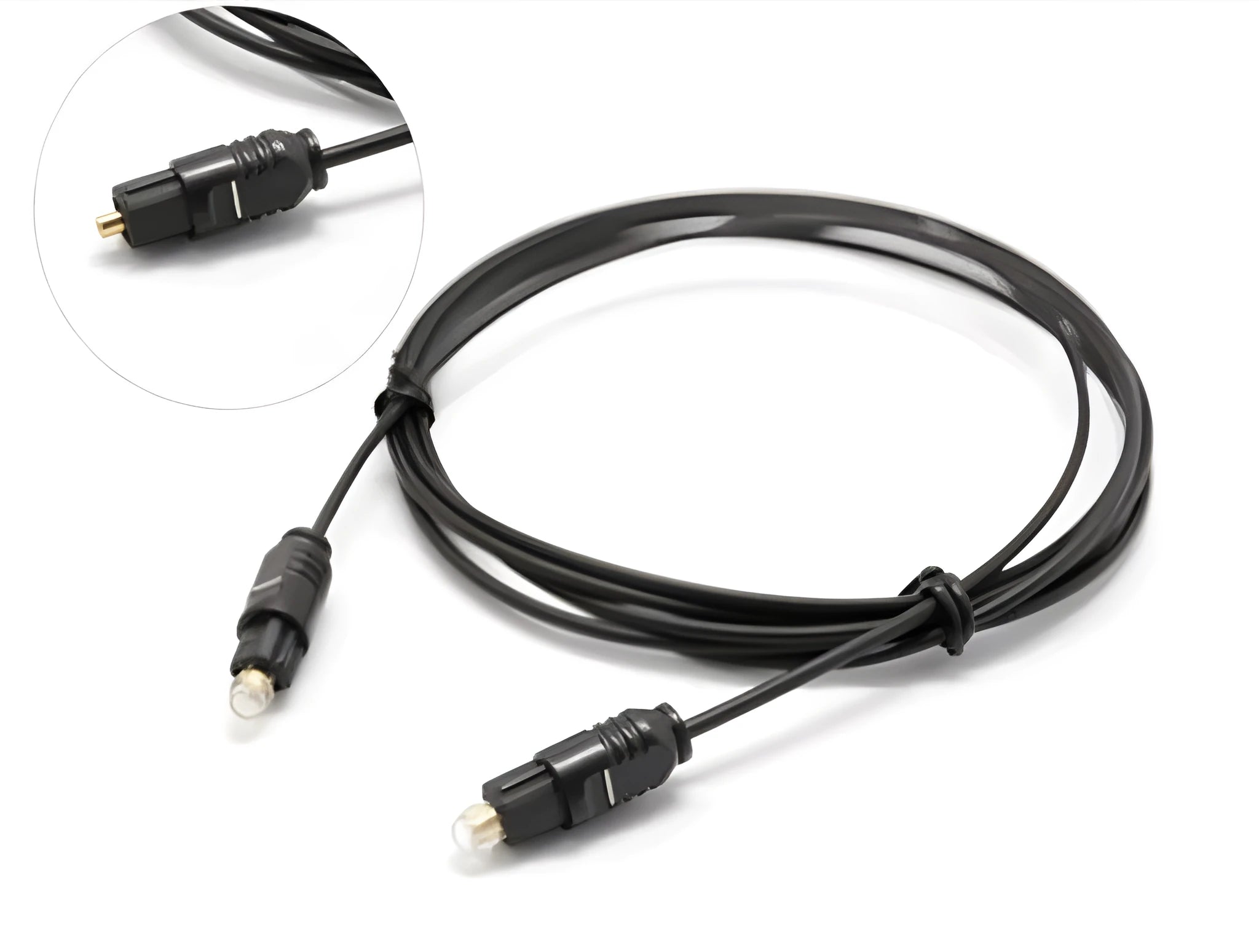 OD2.2 digital audio optical fibre cable with TOSLINK connectors on a white background.