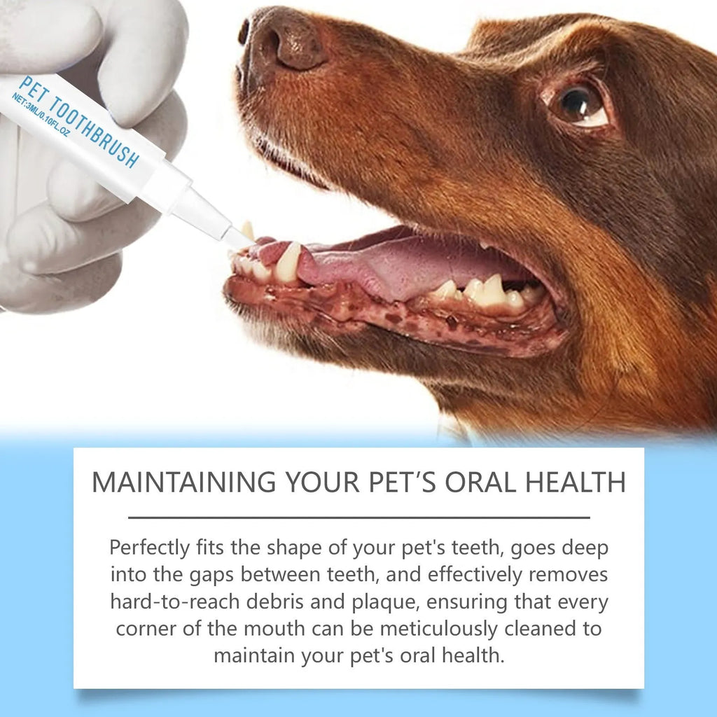 Soft-bristled pet toothbrush pen for cleaning cat and dog teeth.
