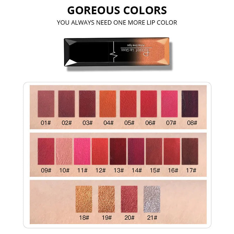 Matte liquid lipstick tube 8ml with 21 numbered shades, long-lasting and waterproof lip glaze for makeup