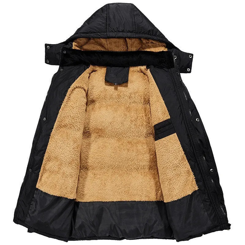 Men's black hooded winter jacket with a double-breasted front and velvet lining.