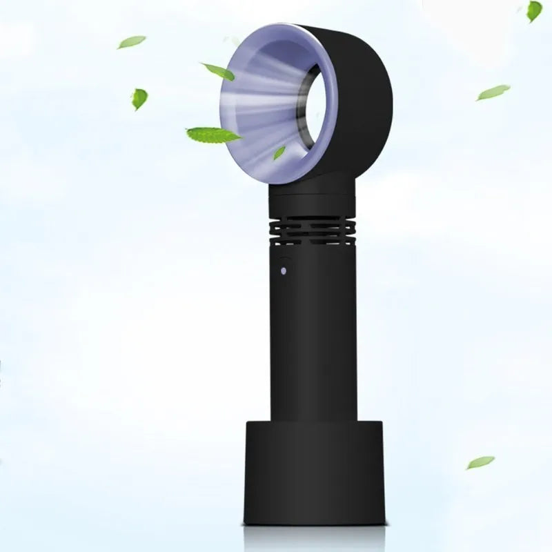 Compact portable bladeless fan on its base, shown in blue, with a USB cable for charging.