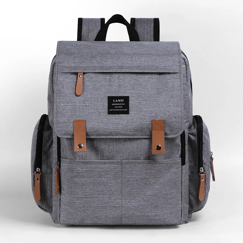 LAND grey Oxford cloth mum diaper backpack with changing mat, shown with dimensions