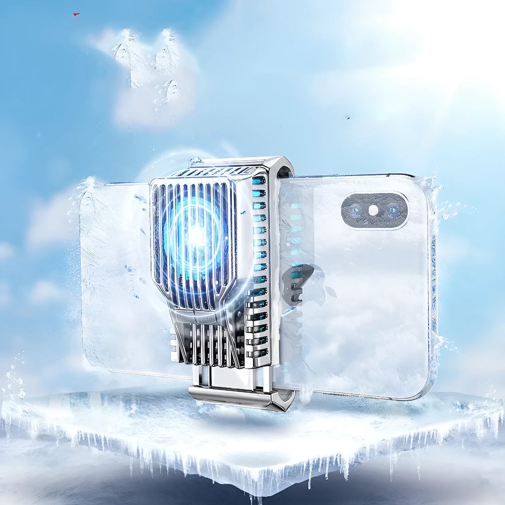 A black clip-on mobile phone radiator fan for 4-7 inch smartphones, shown with a USB data cable.