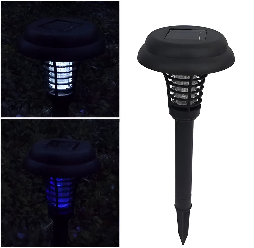Black solar-powered mosquito lamp with white and purple LED lights for garden insect control