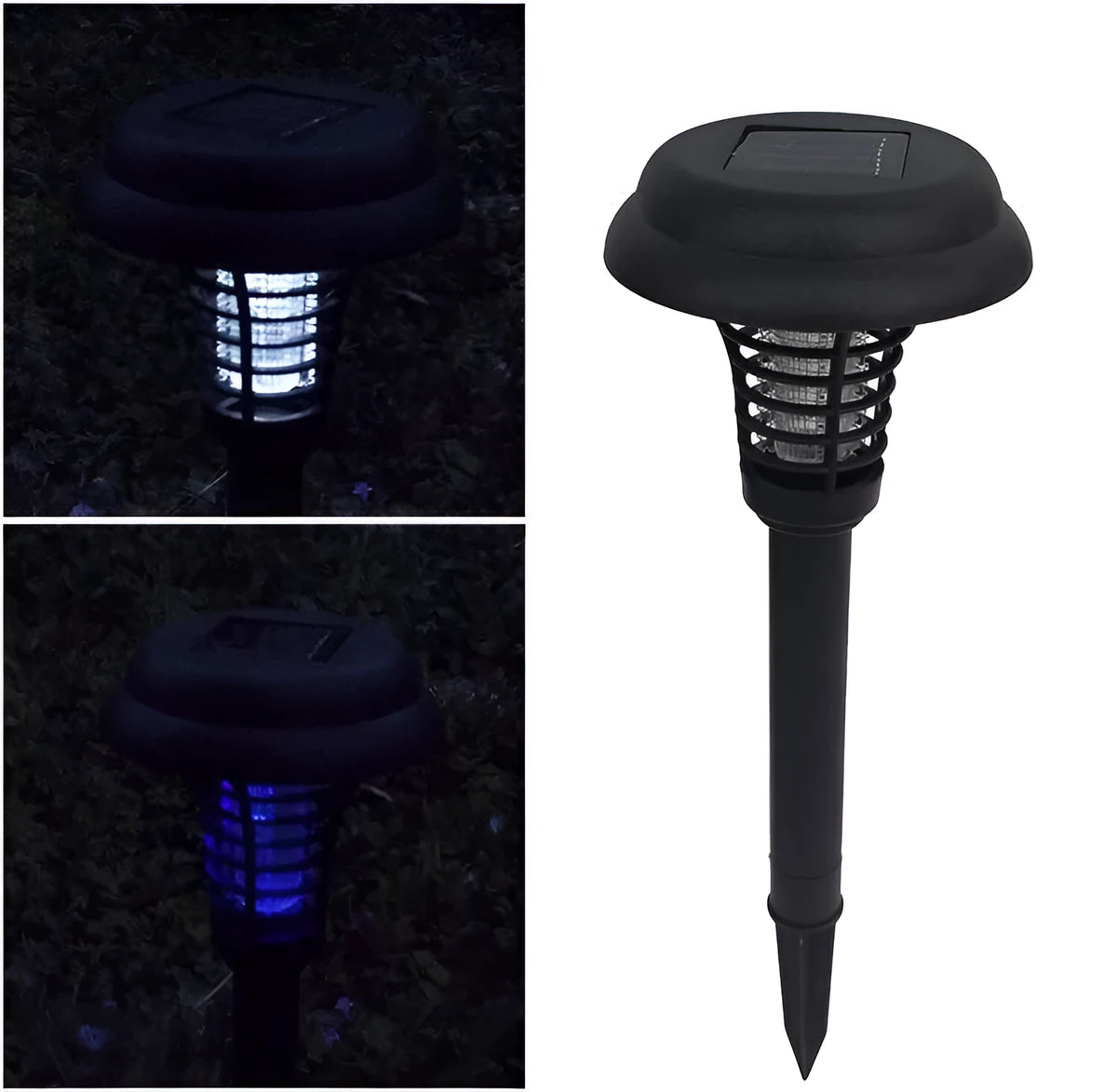 Black solar-powered mosquito lamp with white and purple LED lights for garden insect control