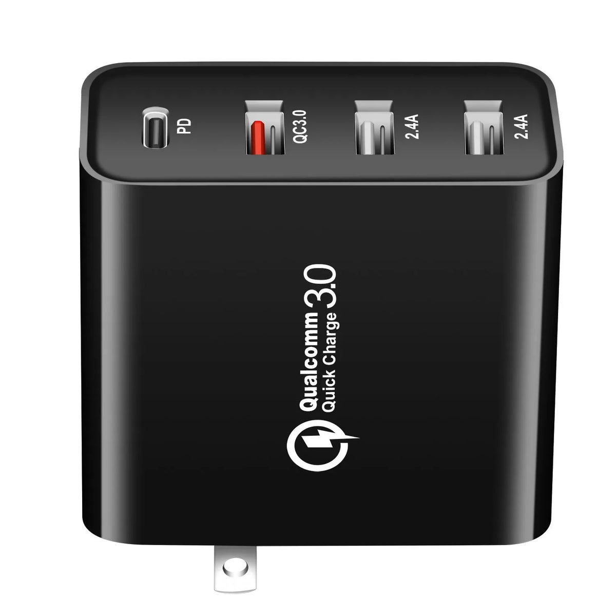 Black or white four-port USB-C charger with global plug options including AU, EU, UK, and US standards