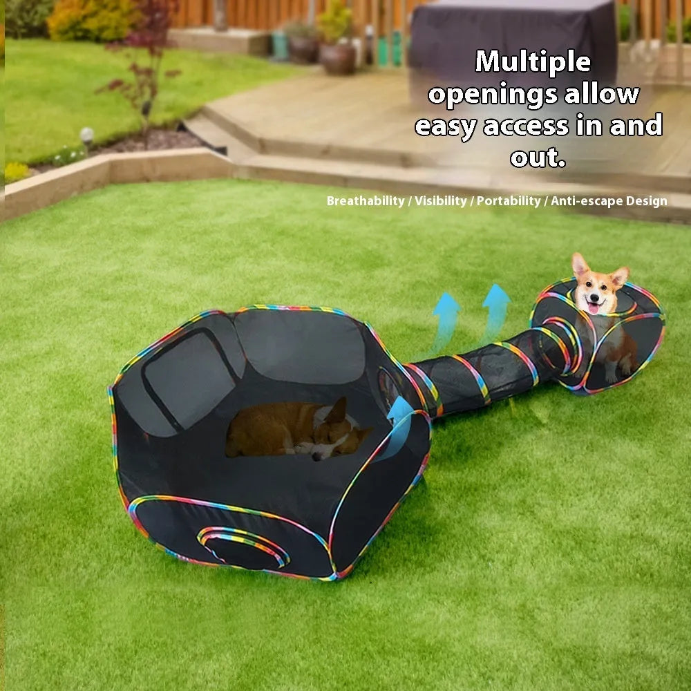 A foldable mesh cat play cage in a hexagonal style, shown both set up and collapsed flat.