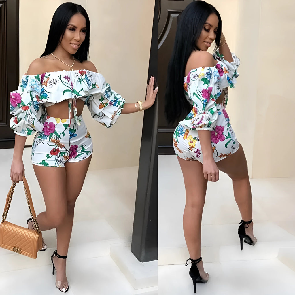 Women's multicolour digital print two-piece lounge set with fleece-lined long sleeves and matching shorts