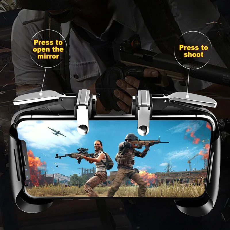 Adjustable mobile game controller handle showing telescopic arm extended with smartphone inserted