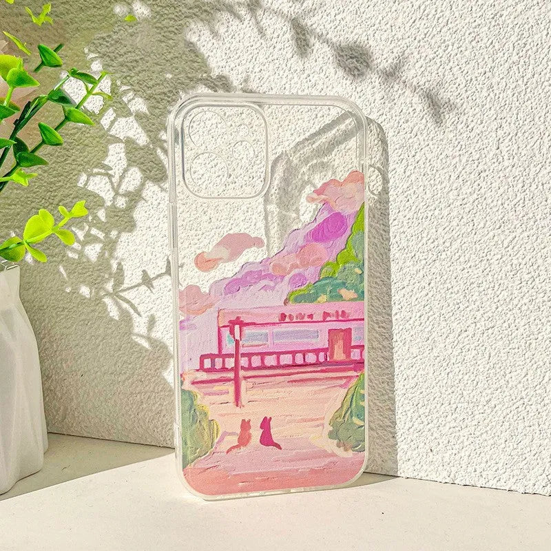 Soft silicone iPhone case with a colourful two-cat cartoon design on a white background.
