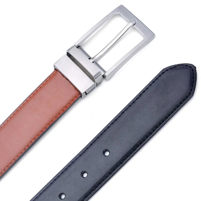 Men's dark brown genuine leather belt with a silver rotating pin buckle, shown at 120cm length.