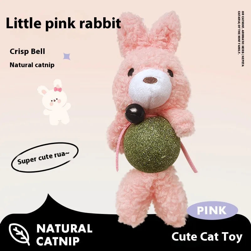 Plush cat toy with catnip ball and bell in brown bear, pink rabbit, piyopiyo or green frog colours