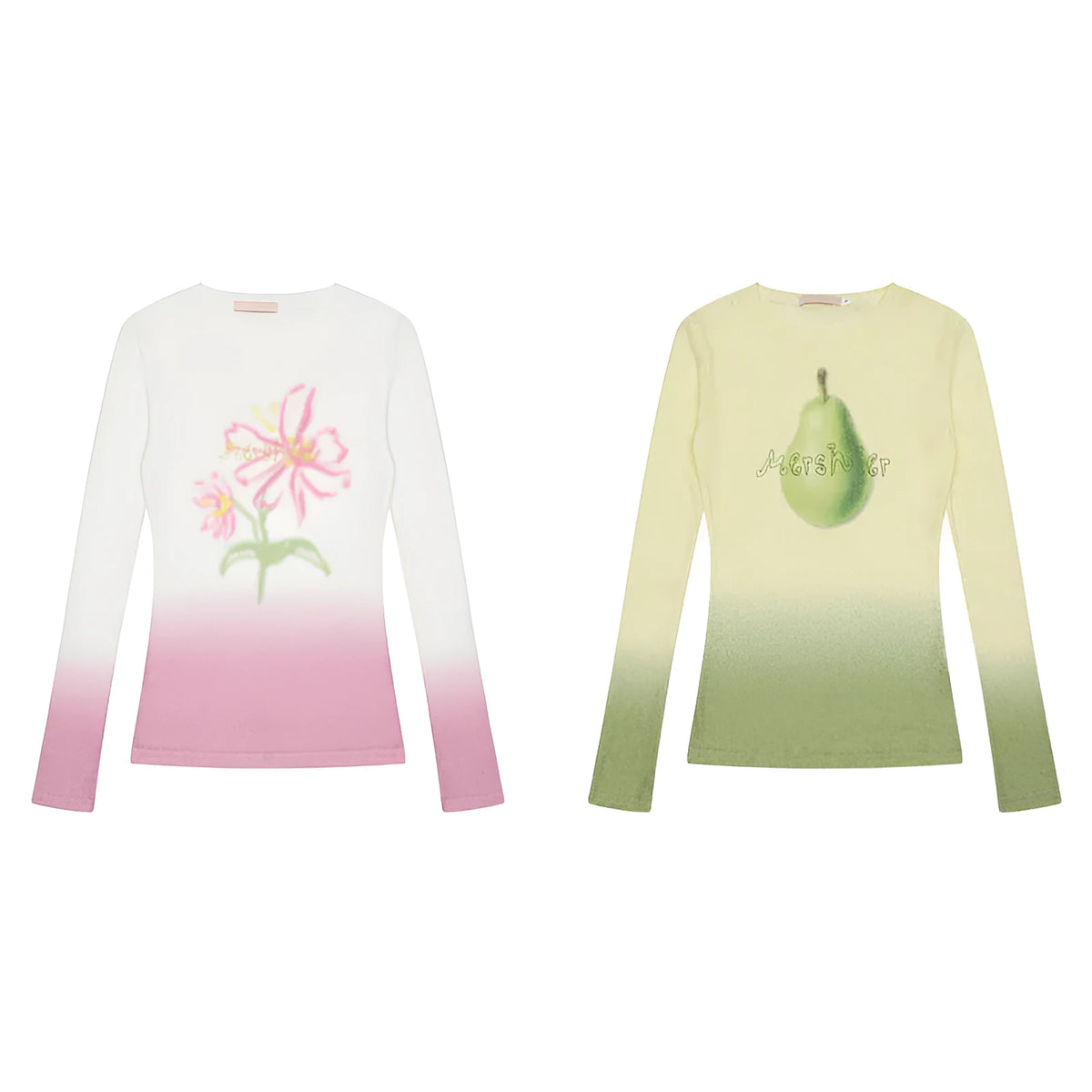 Yellow green women's long sleeve T-shirt with a gradient floral pattern, made from thin polyester fabric.