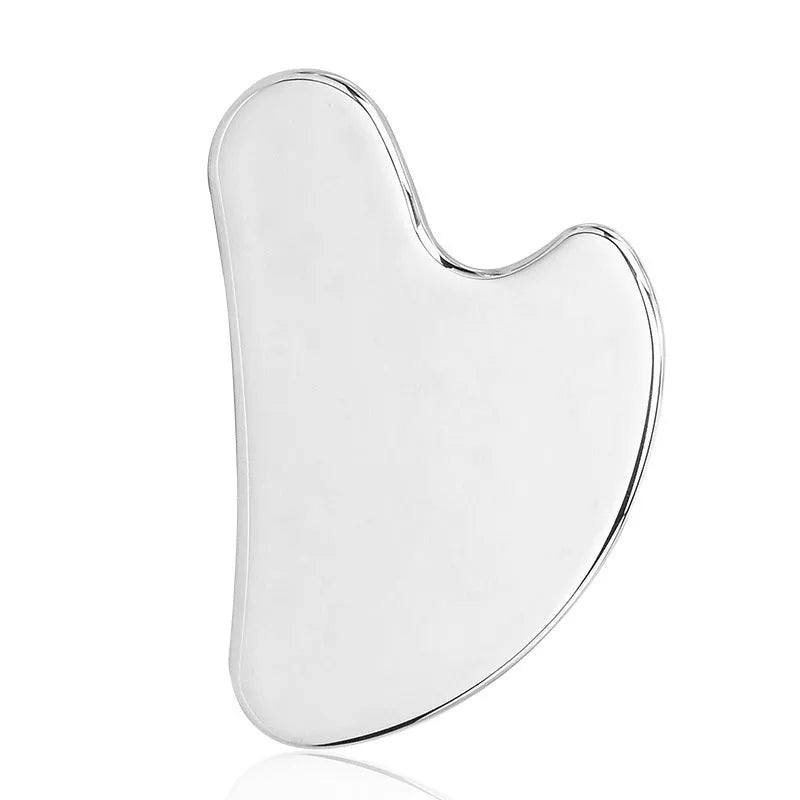 Stainless steel facial massage board with double-head roller, scraping plate, and heart-shaped eye poking stick